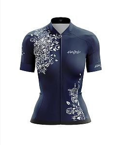 Dámský cyklistický dres Cykloanimal Flowers Dark Blue + návleky na ruce