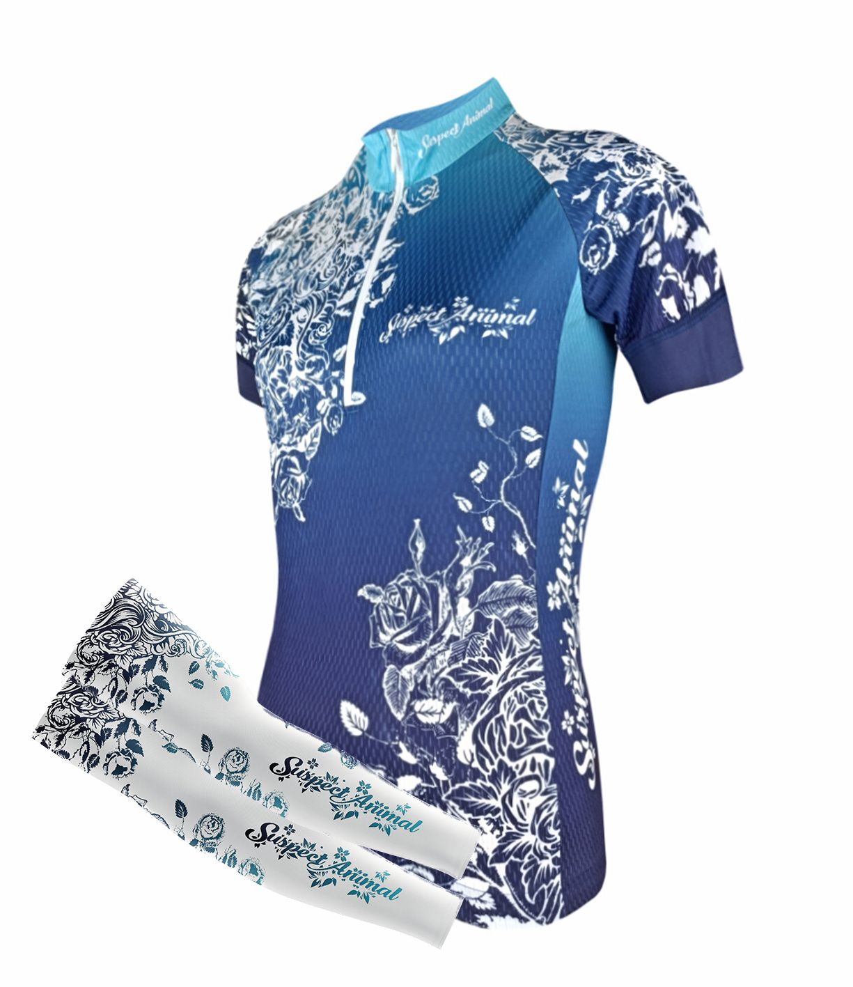 Dámský cyklistický dres Cykloanimal Clara modrá + návleky na ruce bílá