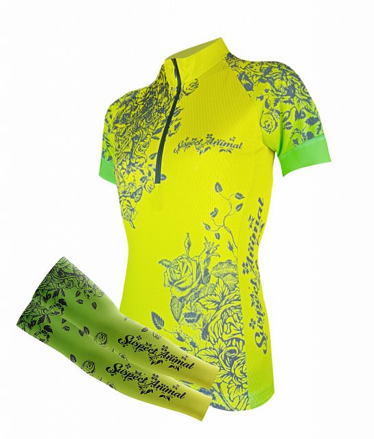 Dámský cyklistický dres Cykloanimal Clara žlutozelená + návleky na ruce žlutozelená