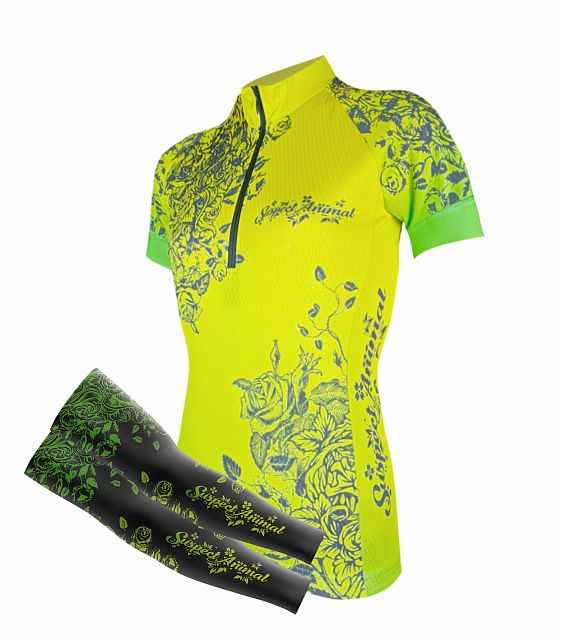 Dámský cyklistický dres Cykloanimal Clara žlutozelená + návleky na ruce antracit