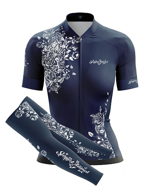 Dámský cyklistický dres Cykloanimal Flowers Dark Blue + návleky na ruce