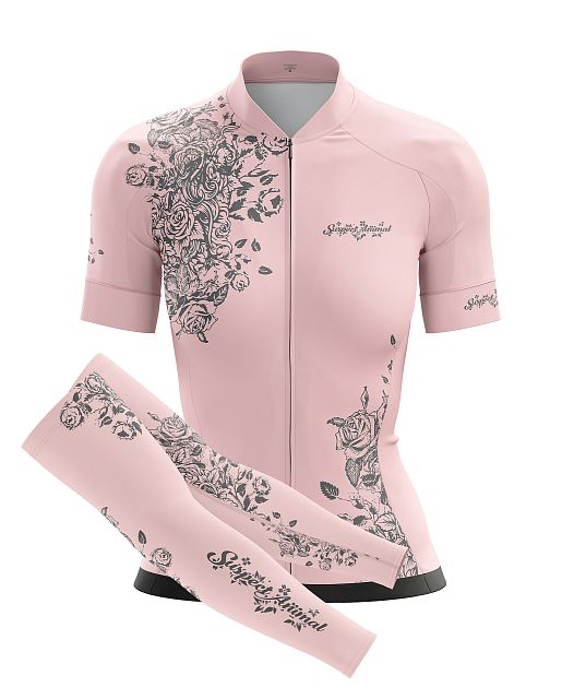 Dámský cyklistický dres Cykloanimal Flowers Old Pink + návleky na ruce